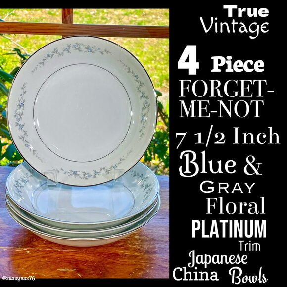 ▪️VTG▪️FORGET-ME-NOT▪️4 Piece 7.5" Blue Gray Floral Platinum Fine China Bowls - Picture 1 of 5